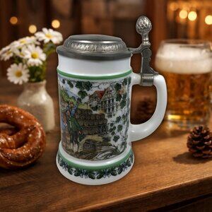 Vintage German Beer Stein with Pewter Lid Lidded Mug Brewery Scene Collectible